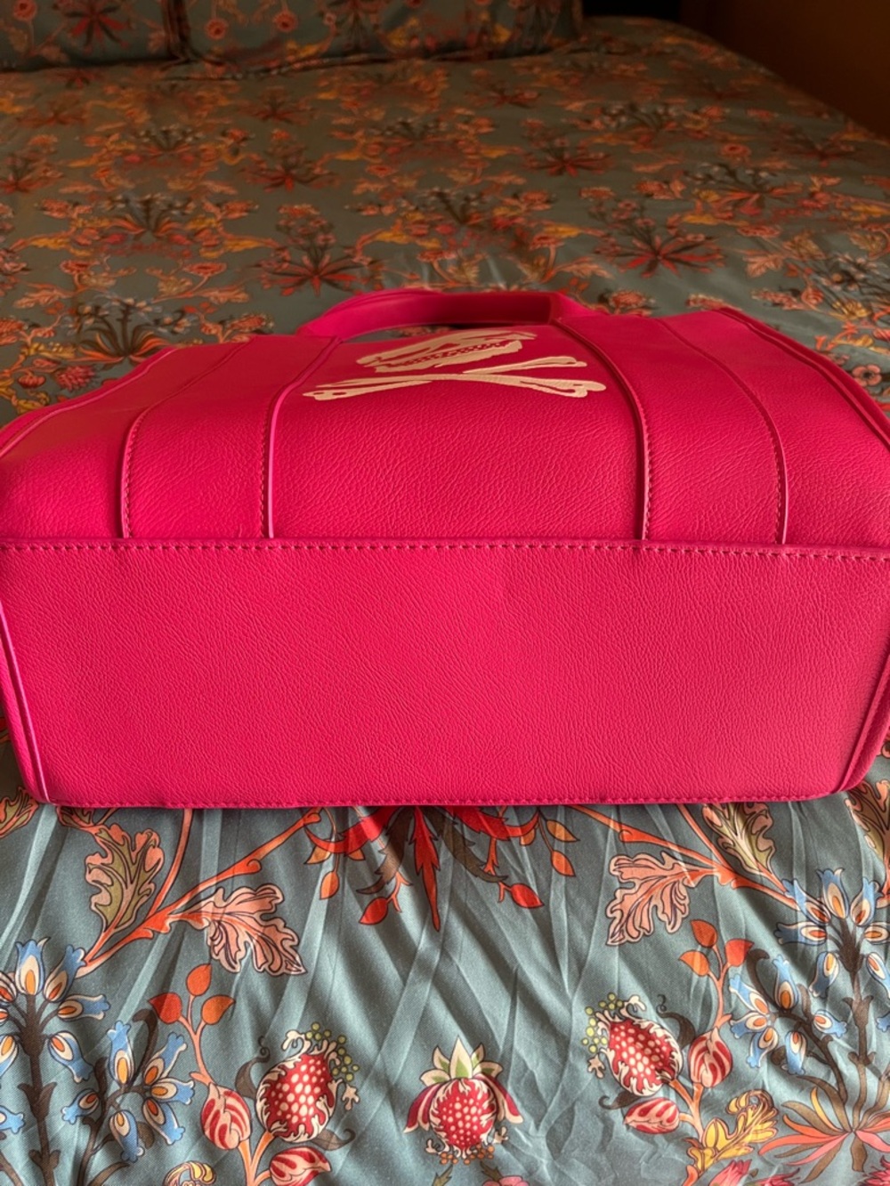 Hot Pink Skull Tote Bag with White Skull Graphic - Picture 2 of 7